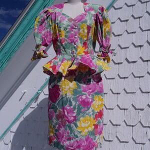 Vintage 80s Ungaro Solo Donna floral cotton peplum balloon sleeve skirt set